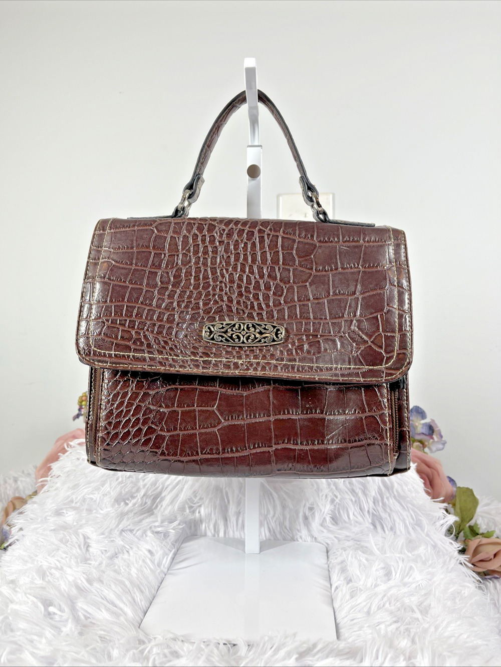 Rossetti Brown Croc Embossed Structured Satchel Handbag Top Handle Organizer